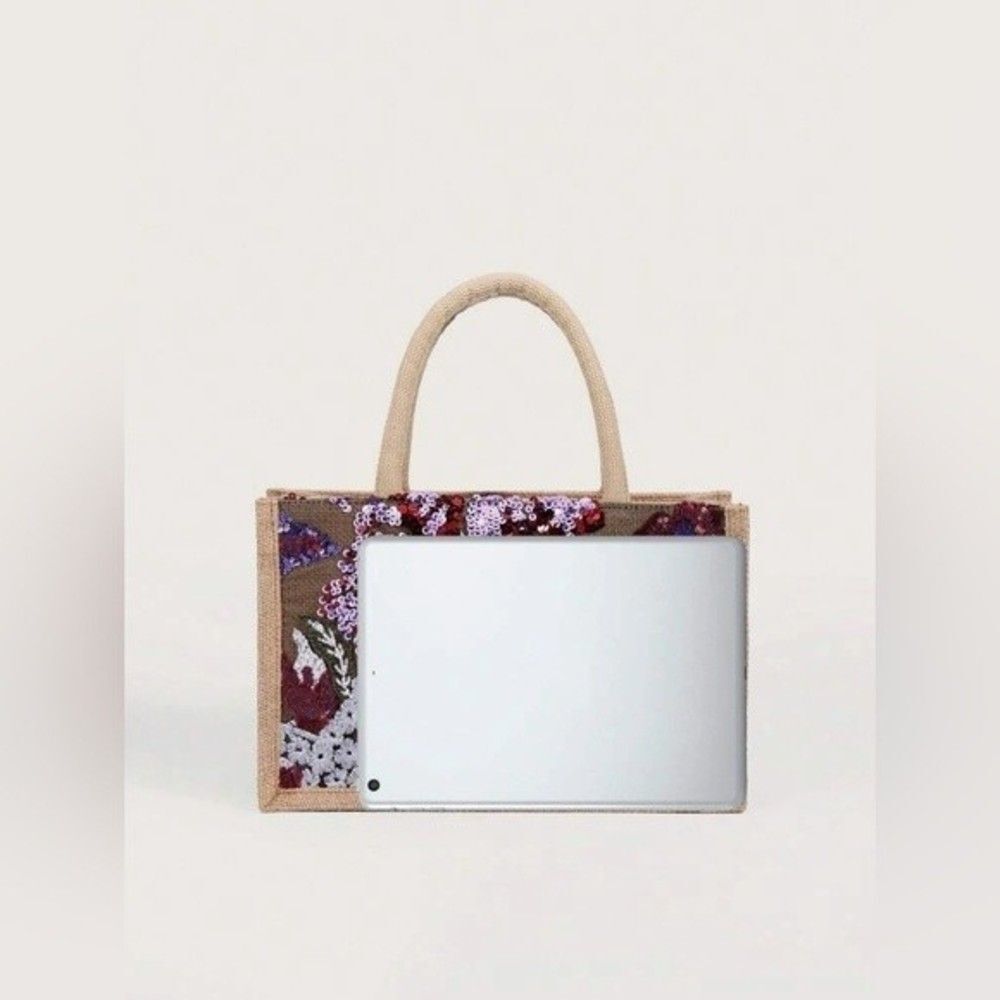 Sequin Embroidery Floral Stitching Linen Tote Bag NWT - Picture 12 of 13